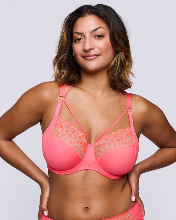 Prima Donna Twist Angelou Full Cup Bra in Juicy Melon made for the curvier woman with a big bust front view hands on waist