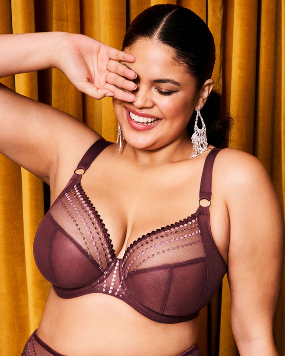Elomi Matilda Plunge Bra in Sugarplum made for the curvier woman with a big bust lifestyle front hand on eye