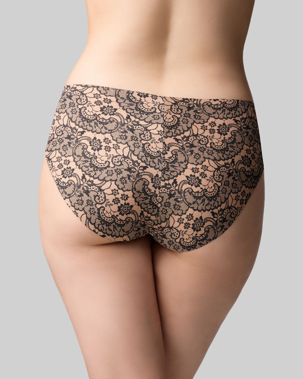 The Knicker lace romance hi cut brief print black lace over beige back view
