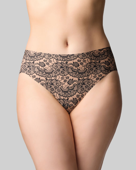 The Knicker lace romance hi cut brief print black lace over beige front view