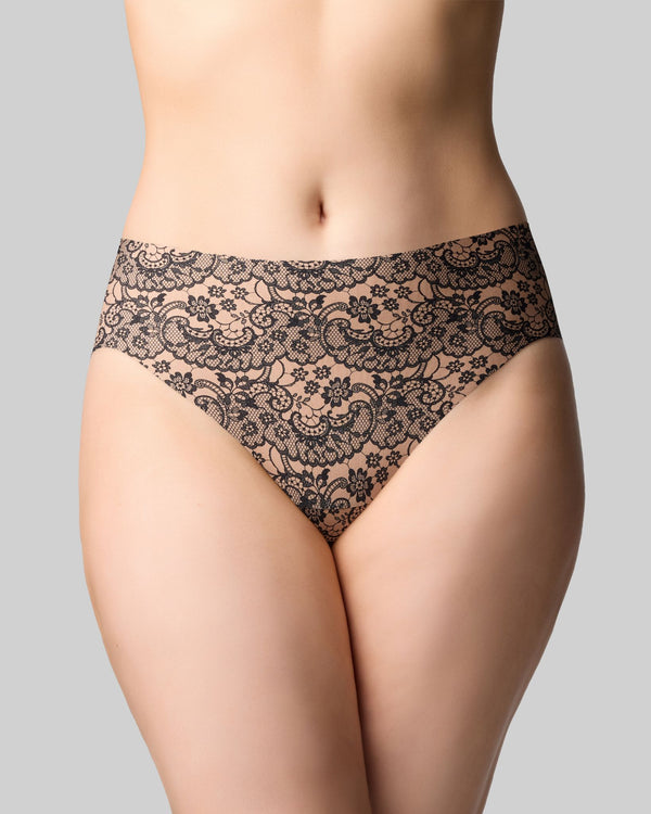 The Knicker lace romance hi cut brief print black lace over beige front view