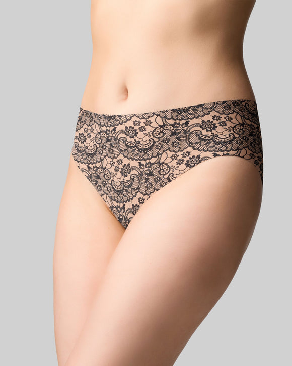 The Knicker lace romance hi cut brief print black lace over beige side view