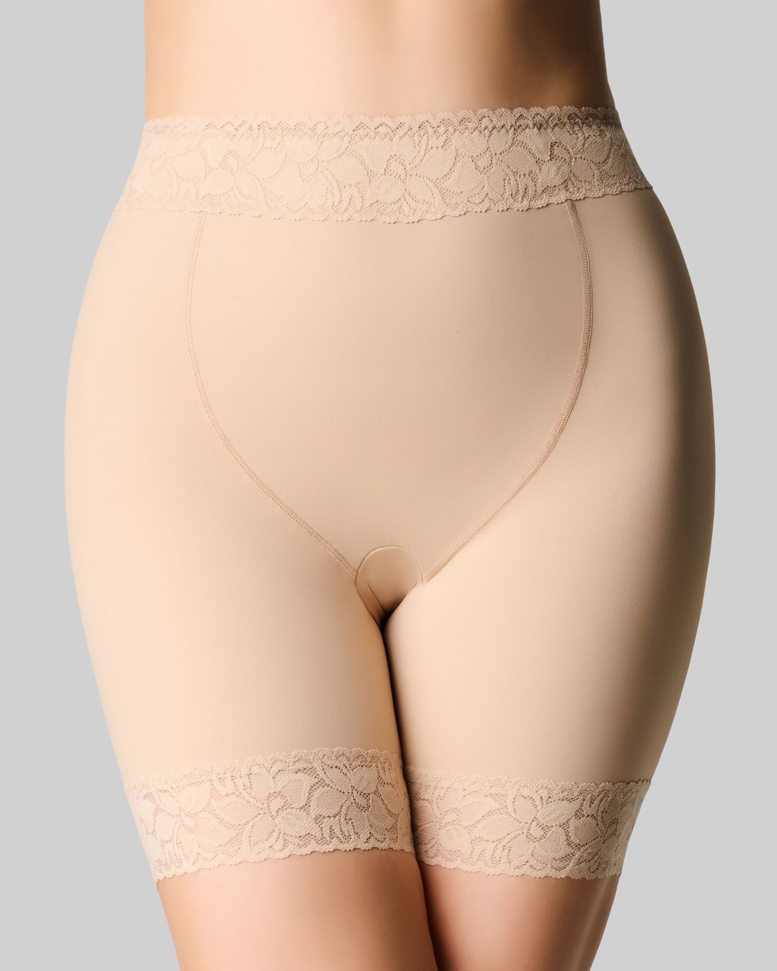 Anti-chafing short that won't ride up in beige front view