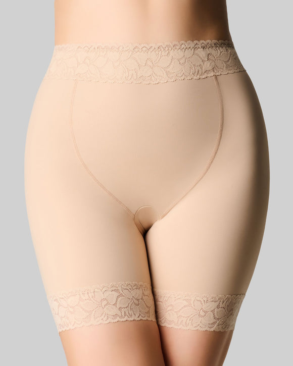 Anti-chafing short that won't ride up in beige front view