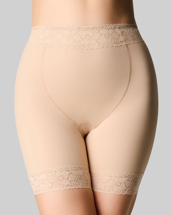 Anti-chafing short that won't ride up in beige front view