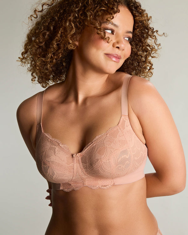 Panache Rocha Non-Wired Bra in Misty Rose made for the curvier woman with a big bust front curly haired model hands back