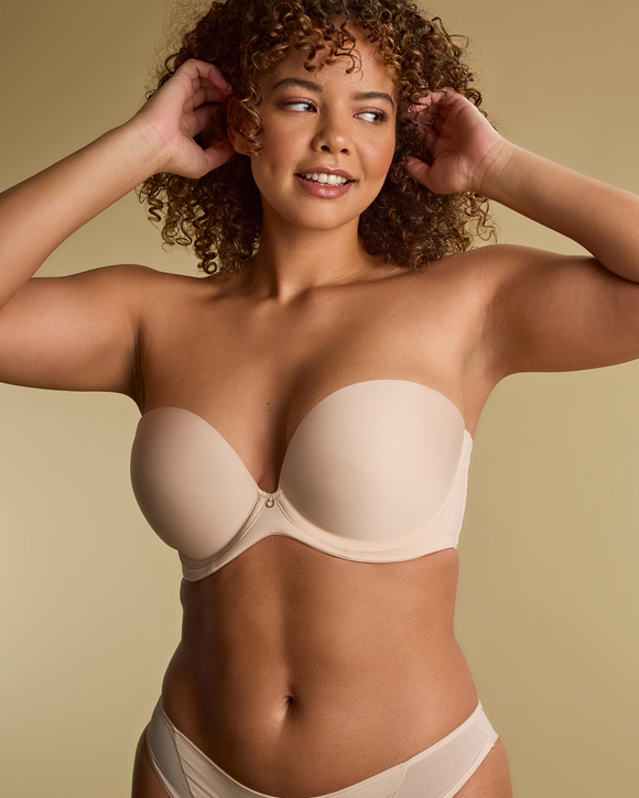 Faith Plunge Strapless bra made for small backs and big boobs with arms up