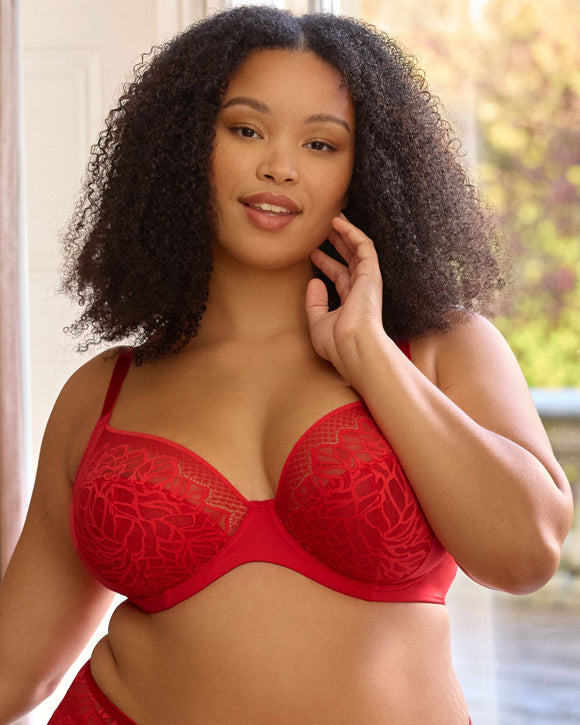Sculptresse Sophia Plunge Bra in Red made for the curvier woman with a big bust lifestyle front hand neck smile