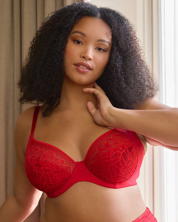 Sculptresse Sophia Plunge Bra in Red made for the curvier woman with a big bust lifestyle front hand neck