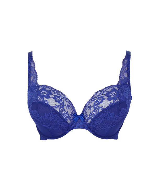 Heidi Plunge bra in indigo royal blue lace underwire bra with sheer floral lace cups and adjustable shoulder straps, shown against a plain white background ghost image