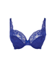 Heidi Plunge bra in indigo royal blue lace underwire bra with sheer floral lace cups and adjustable shoulder straps, shown against a plain white background ghost image
