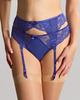 Heidi Suspender Belt in indigo royal blue paired with matching brazilian and stockings front view