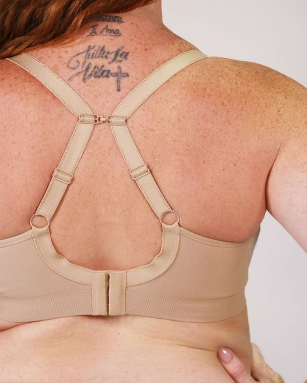 Tiramisu seamless nursing bra in beige using J hook racer back made for C to F cup bust back view