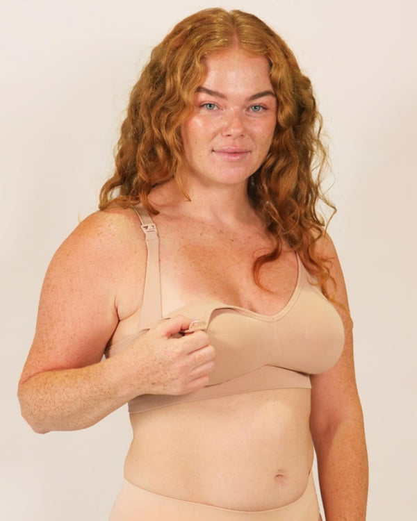 Tiramisu seamless nursing bra in beige showing drop cup made for C  to F cup bust front view