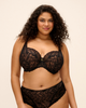 Elomi Carena Balcony Full Cup Bra in black leaf lace with beige liner made for curvy busty women front view