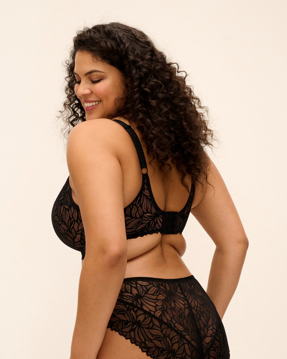 Elomi Carena Balcony Full Cup Bra in black leaf lace with beige liner made for curvy busty women back view