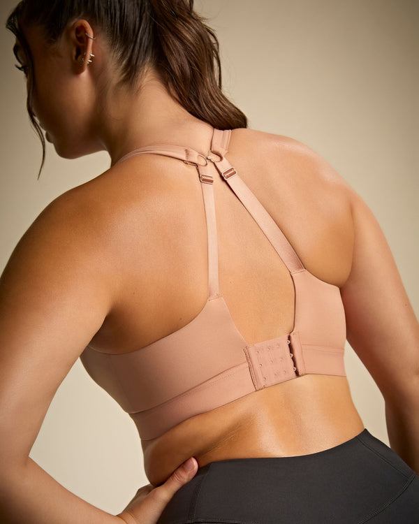 Endurance sports bra made for big boobs to reduce bounce for any sport in Dusty Rose back view j hook