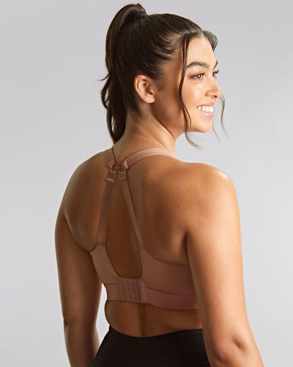 Endurance sports bra made for big boobs to reduce bounce for any sport in Dusty Rose back view with J hook attached