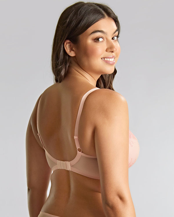 Ana Plunge Bra in Pink made for the curvier woman with a big bust back view smile