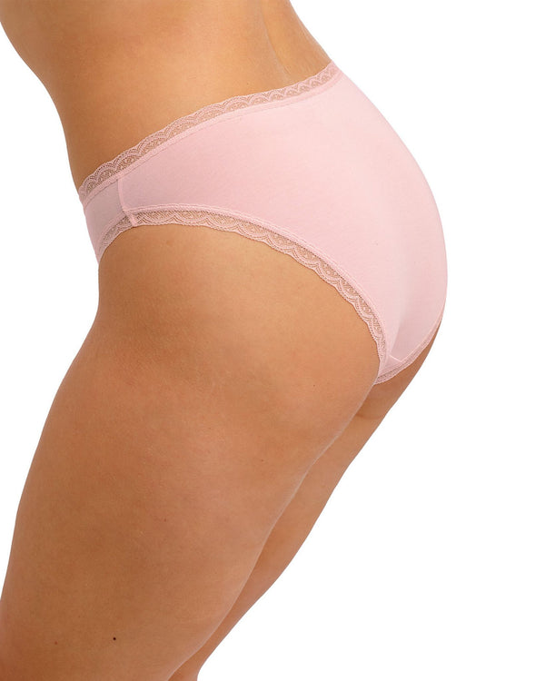 Freya Flirt Pink frost brief with lace edge worn by a woman side view