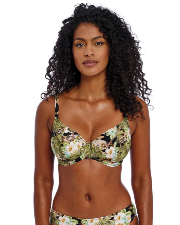 Freya Bahama Shores Underwire Plunge Bikini Top is made for curves. It has a floral print with tropical foliage on a black background and shoulder straps.