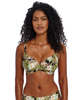 Freya Bahama Shores Underwire Plunge Bikini Top is made for curves. It has a floral print with tropical foliage on a black background and shoulder straps.