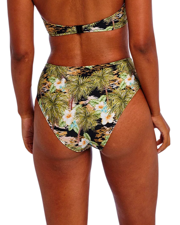 Freya Bahama Shores High Waist Bikini Brief is made for curves. It has a floral print with tropical foliage on a black background.