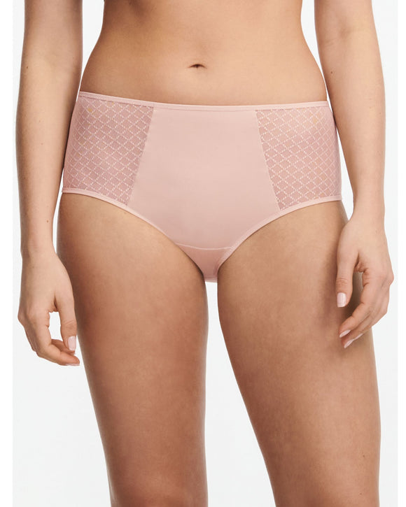 High Waist Brief in Soft Pink with geometric lace side panels front view