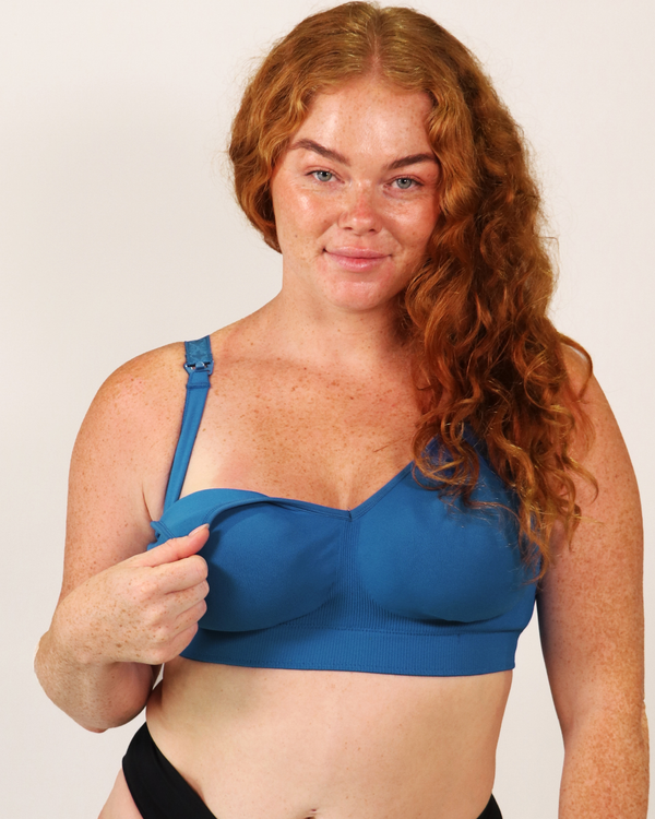 Seamfree Popping Candy wirefree nursing busty bralette bra in cobalt blue front view using drop cup