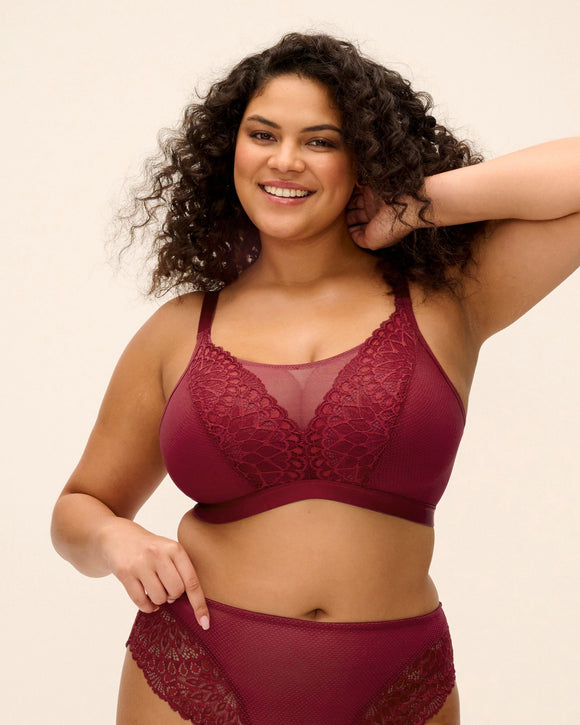 Elomi Tiernie Wirefree bralette in Tibetan Red lace and mesh made for the curvy busty woman arm behind head front image