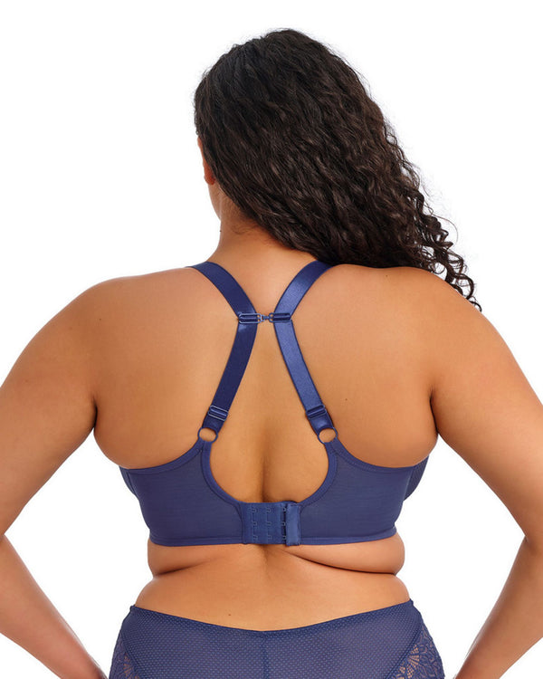 Tiernie Plunge Bra made for the curvy big bust woman in blue denim showing J hook racer back feature