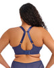 Tiernie Plunge Bra made for the curvy big bust woman in blue denim showing J hook racer back feature
