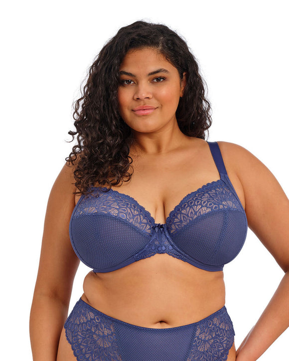 Tiernie Plunge Bra made for the curvy big bust woman in blue denim front view from front