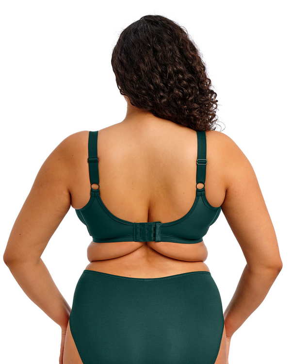 Curvy woman wearing Smooth Full cup bra in deep emerald green made for plus size boobs and bodies back view