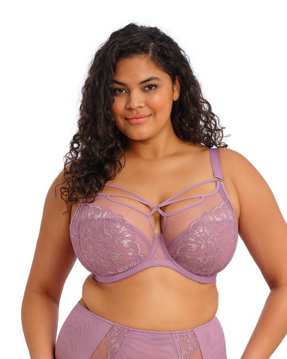 Curvy woman in Brianna Strappy Plunge bra in purple heather made for the big bust and full bodied woman front view