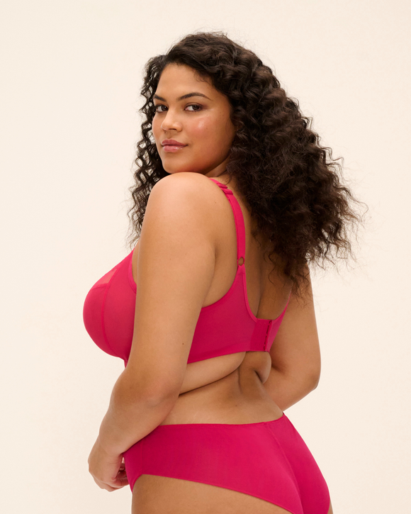 Elomi Matilda Plunge Bra made for fuller busted curvy women in hot pink with daisy embroidery back view
