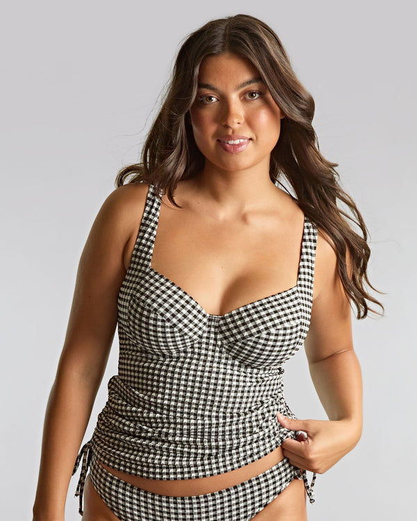 Gingham Iris Tankini made for curvy women with fuller busts front side