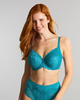 Evangeline Full Cup Bra in Teal lace made for d cup and up fuller busts front view smiling