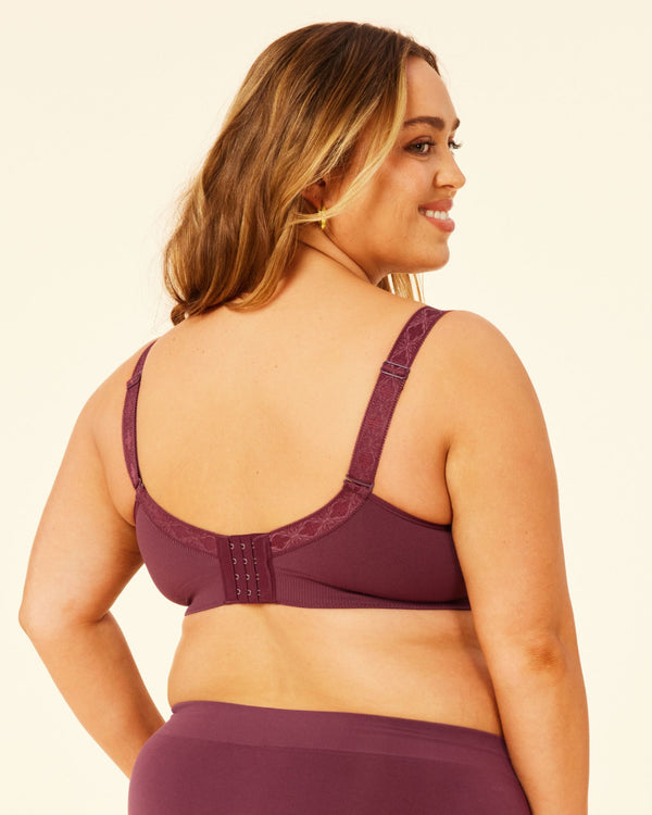 Sugar Popping Candy Nursing bra in burgundy plum made for curves and fuller bust back view 