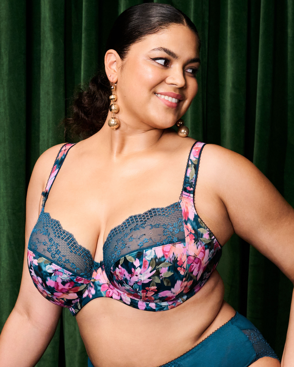 Lucie Stretch Plunge Bra: Teal Floral, made for curves