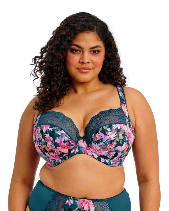 Lucie Stretch Plunge Bra: Teal Floral, made for curves