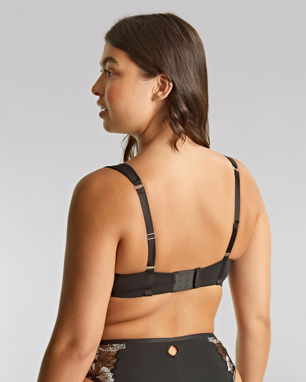 Panache Marlene Balcony Bra is made for curves and displays white floral embroidery on black mesh