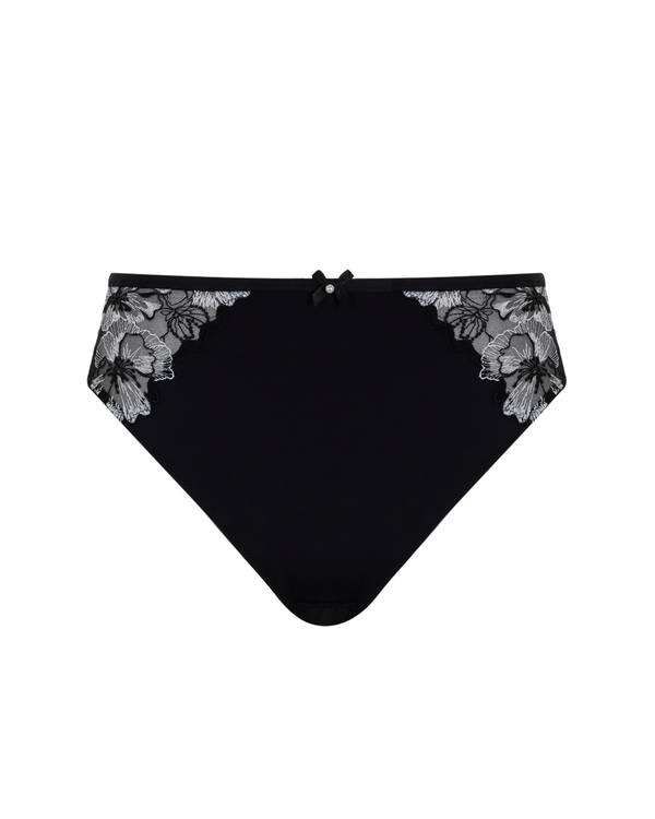 Panache Marlene High Waist Brazilian Bottoms are made for curves and displays white floral embroidery on black mesh