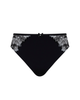 Panache Marlene High Waist Brazilian Bottoms are made for curves and displays white floral embroidery on black mesh