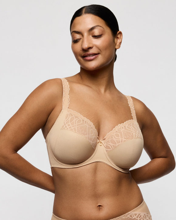 Saleno full cup bra in neutral candy ginger beige made for full busts and bodies front view 