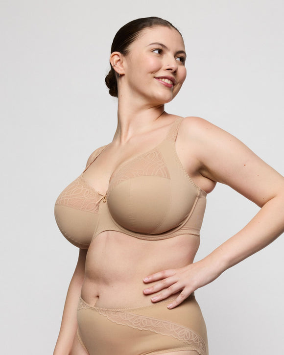 Saleno full cup bra in neutral candy ginger beige made for full busts and bodies side view